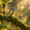 Mésange charbonnière posée sur une branche moussue en forêt