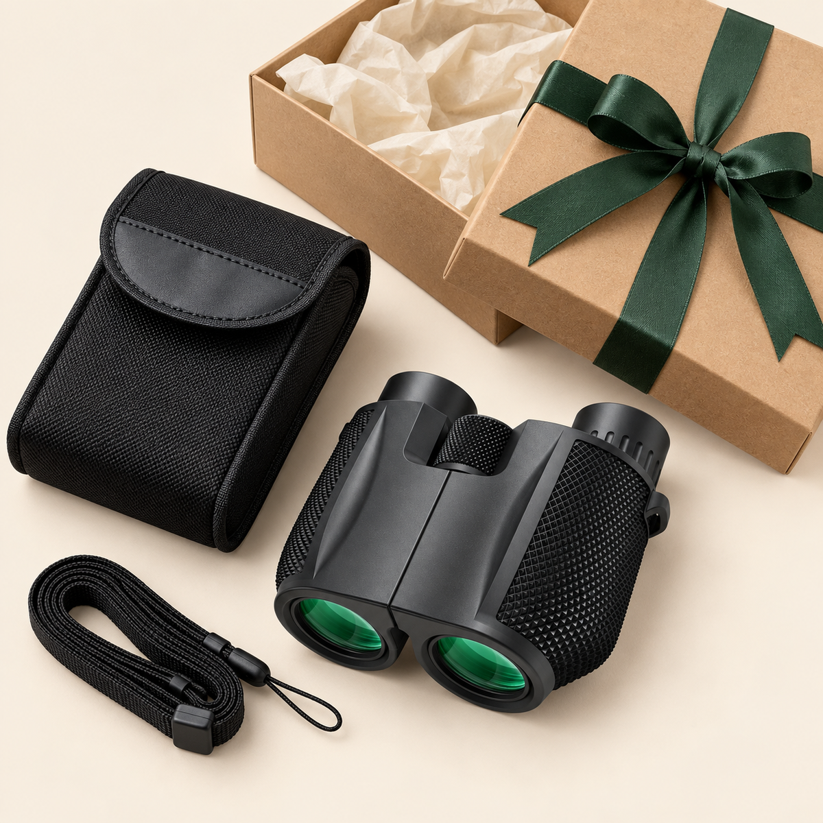 Contenu du pack spectacle : jumelles 10×25, étui, sangle et emballage cadeau
