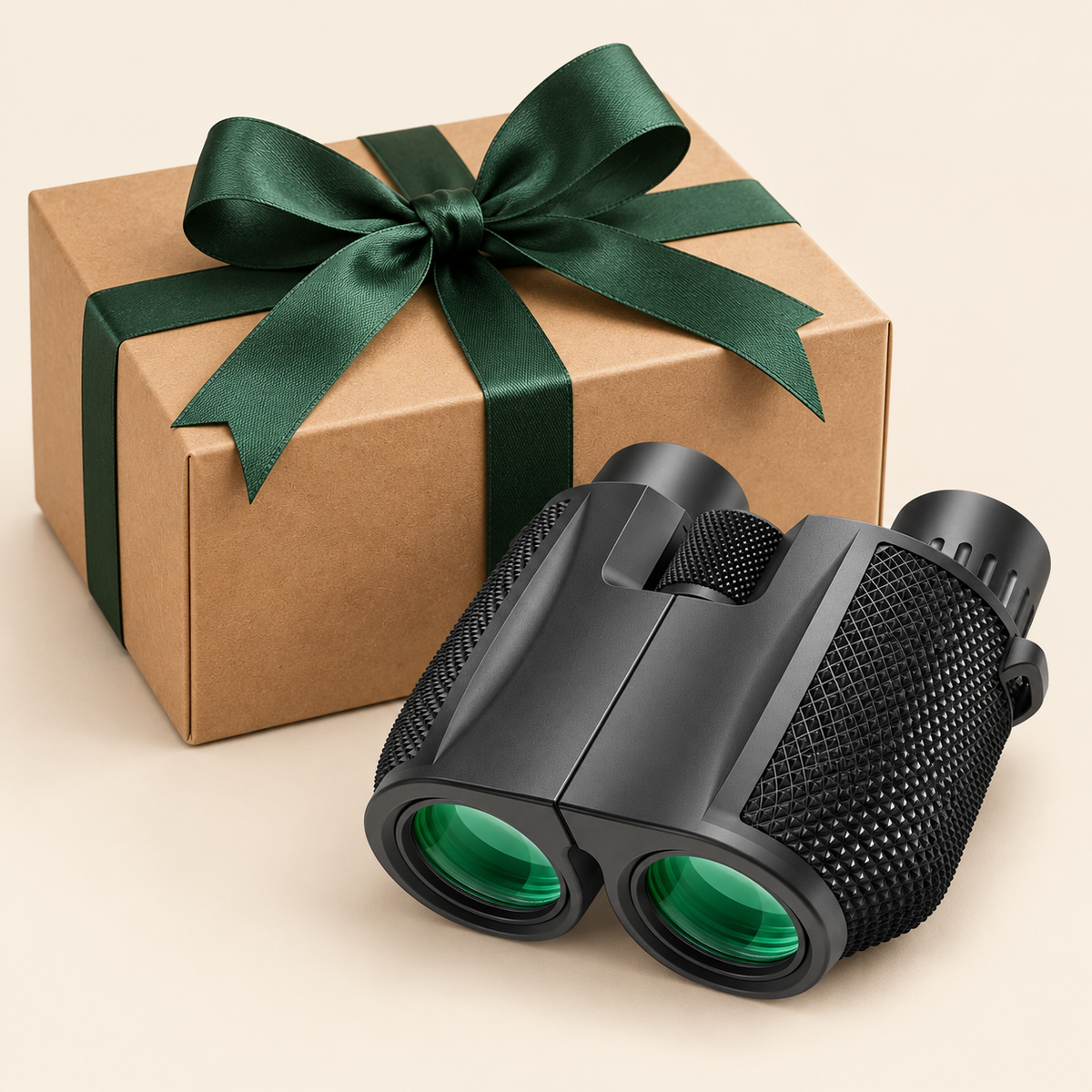 Jumelles compactes 10×25 devant une boîte cadeau en kraft avec ruban vert Image