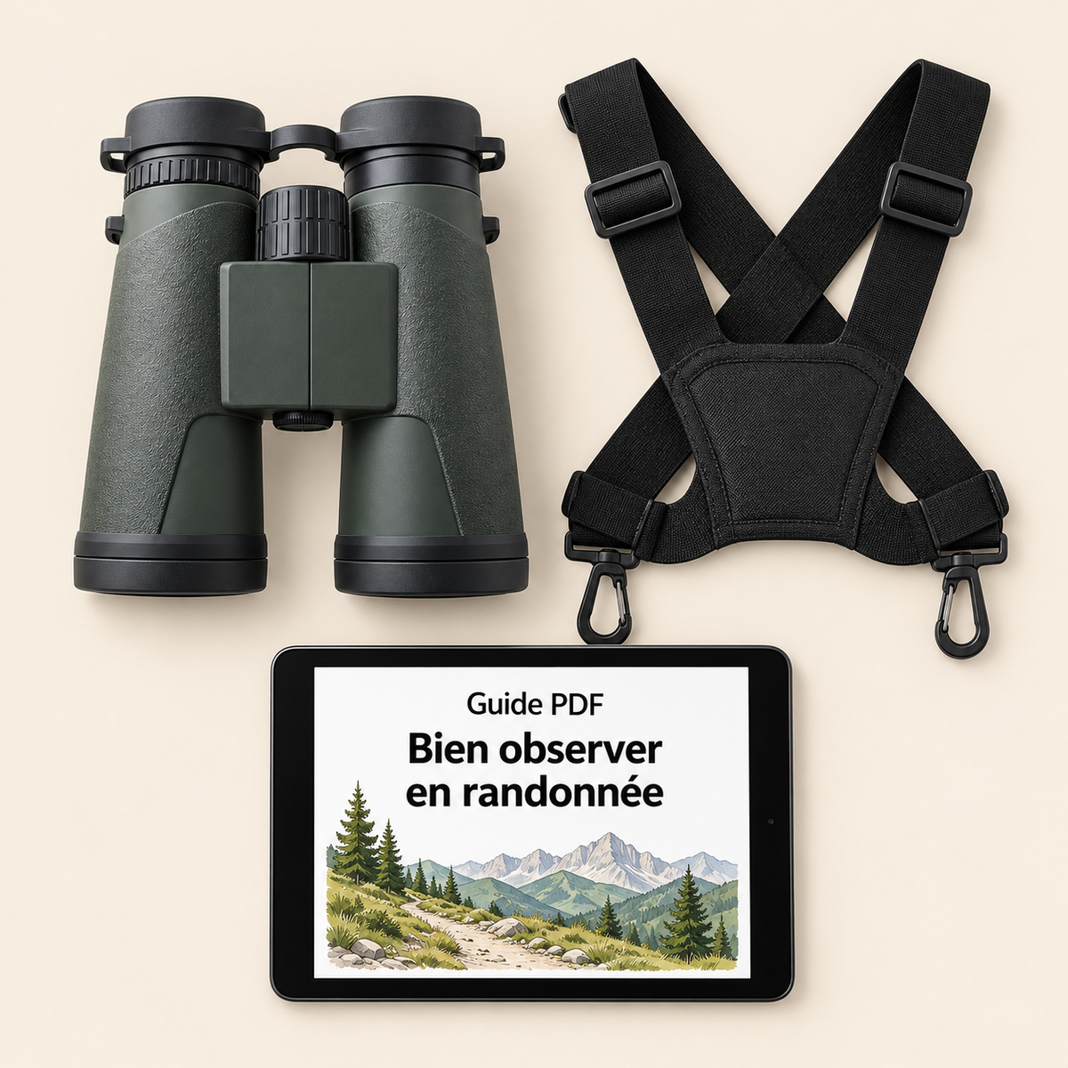 Contenu du pack Balade : jumelles 10×42, harnais de poitrine et guide PDF Bien observer en randonnée sur tablette