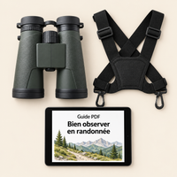 Contenu du pack Balade : jumelles 10×42, harnais de poitrine et guide PDF Bien observer en randonnée sur tablette