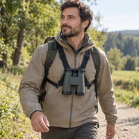 Homme en balade portant les jumelles 10×42 sur un harnais de poitrine