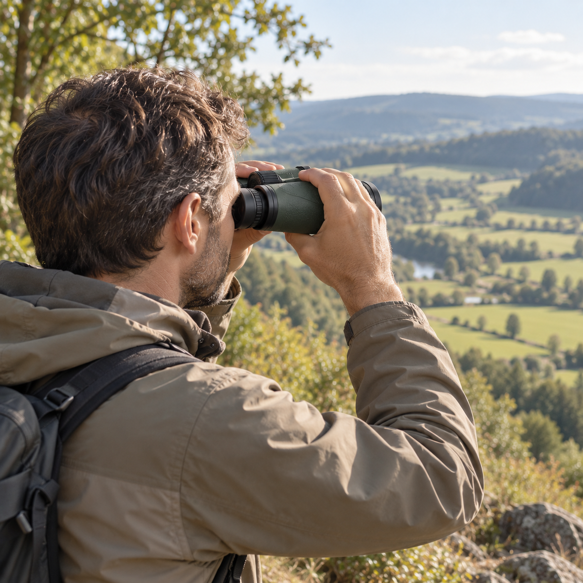 Homme observant une vallée de campagne et de forêt avec les jumelles 10×42 Image