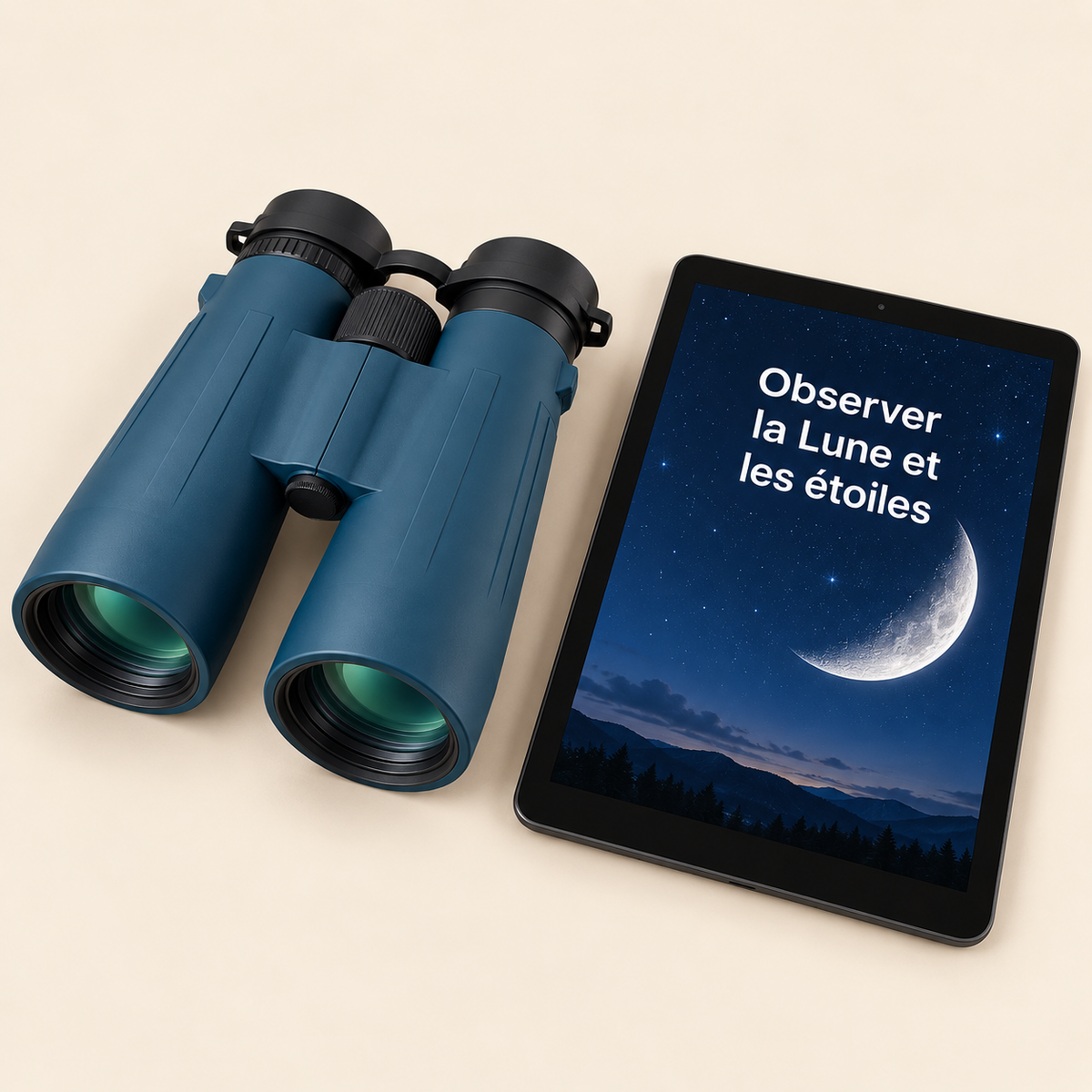 Contenu du pack astronomie : jumelles 10×50 et guide « Observer la Lune et les étoiles » sur tablette