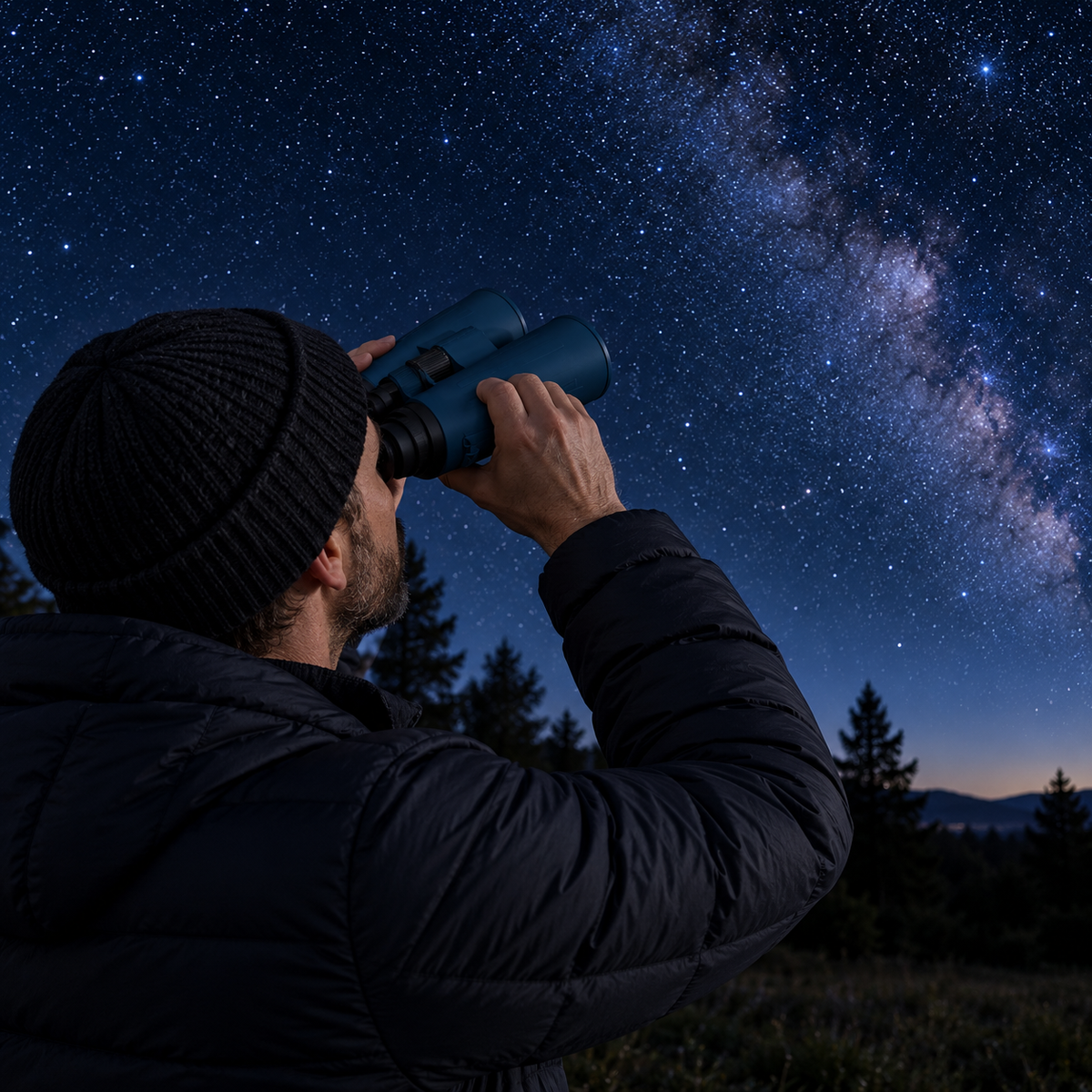 Homme observant le ciel étoilé de nuit avec les jumelles 10×50