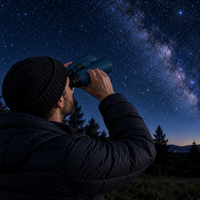 Homme observant le ciel étoilé de nuit avec les jumelles 10×50