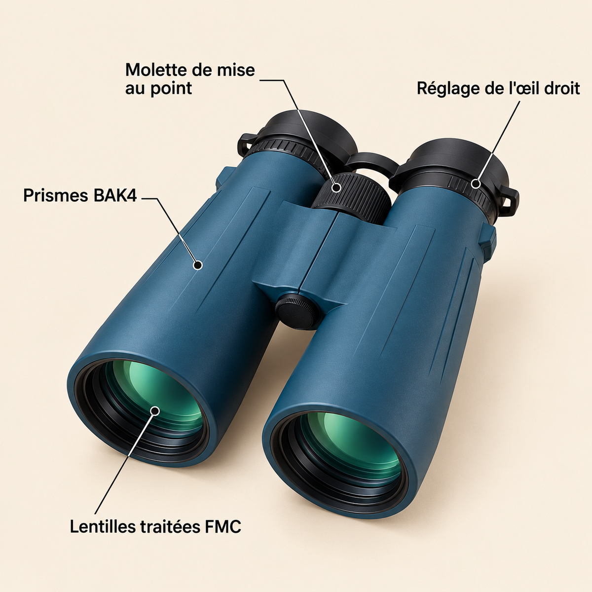 Schéma annoté des jumelles 10×50 : molette de mise au point, réglage de l'œil droit, prismes BAK4, lentilles traitées FMC Image