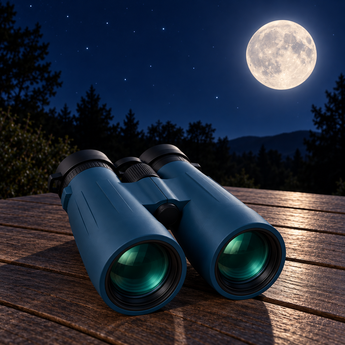 Jumelles 10×50 posées sur une table de terrasse sous la pleine Lune et quelques étoiles Image