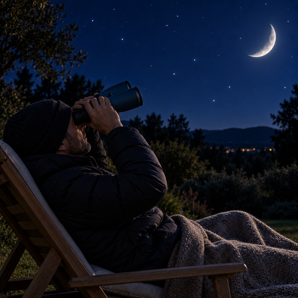 Homme allongé sur une chaise longue observant le ciel avec les jumelles 10×50 Image