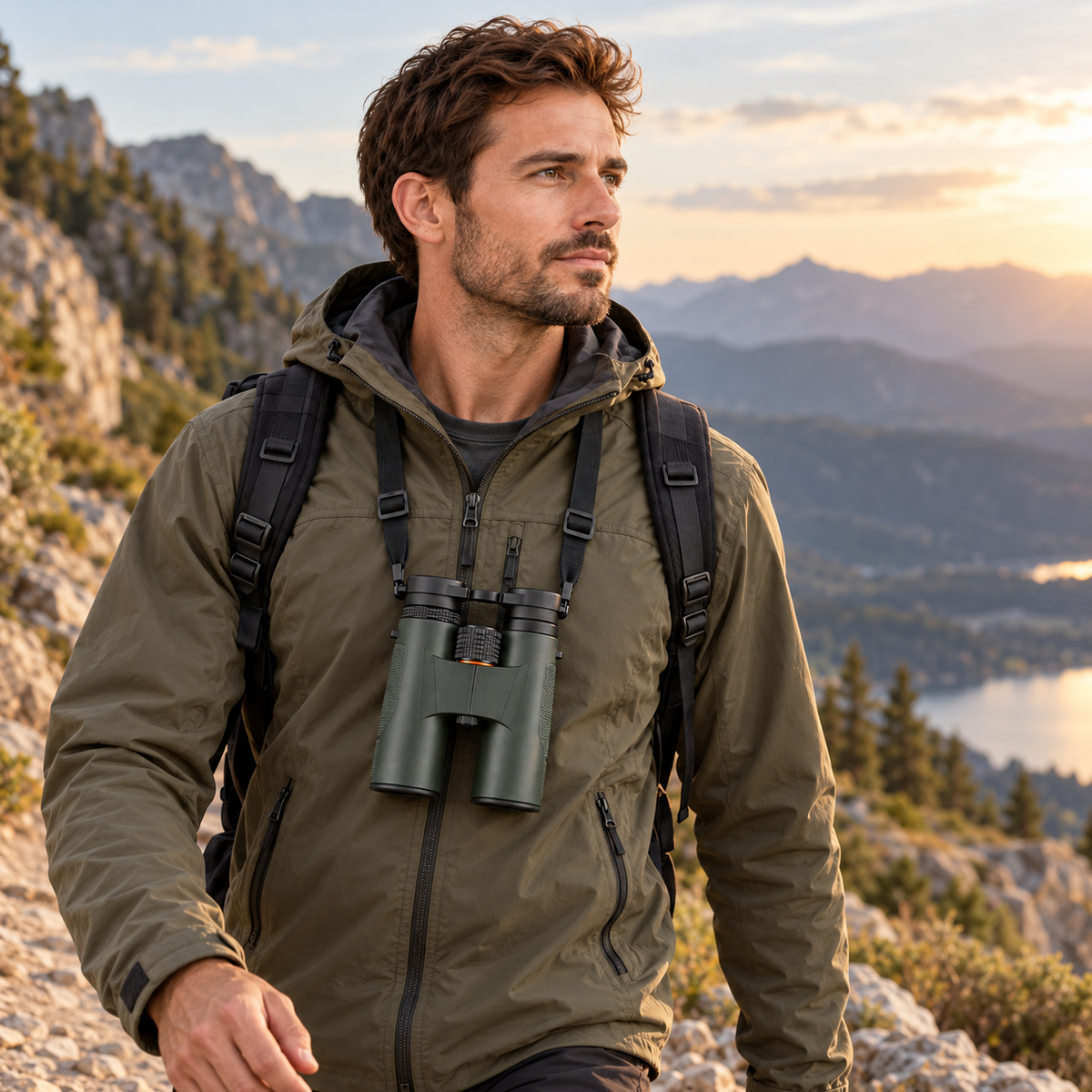 Homme en randonnée en montagne avec les jumelles 12×42 au cou Image