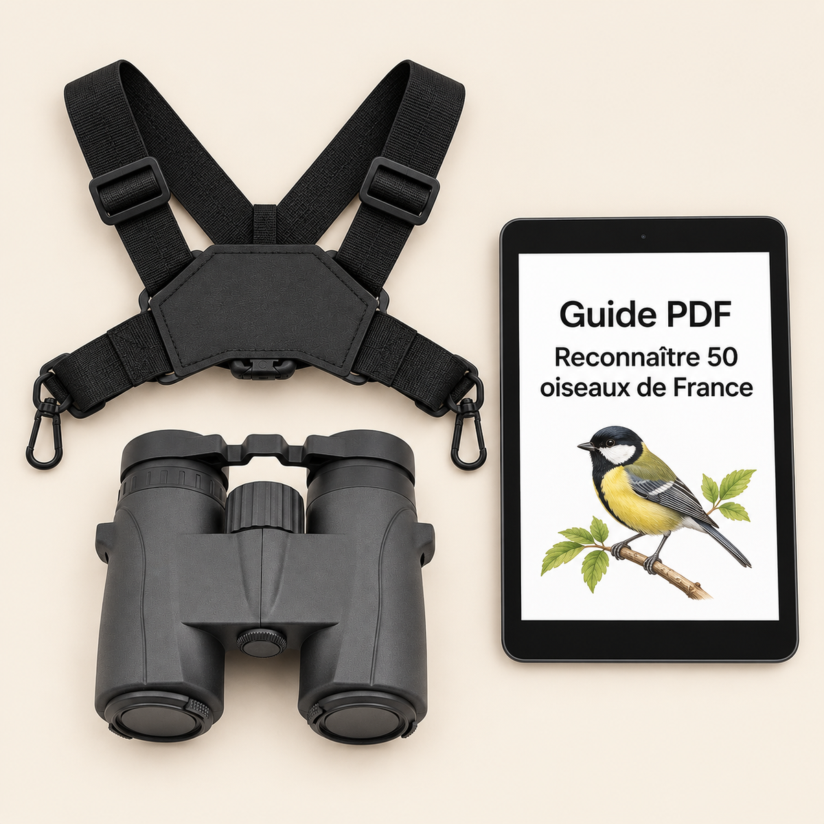 Contenu du pack Ornitho : jumelles 8×32, harnais de poitrine et guide PDF Reconnaître 50 oiseaux de France affiché sur une tablette