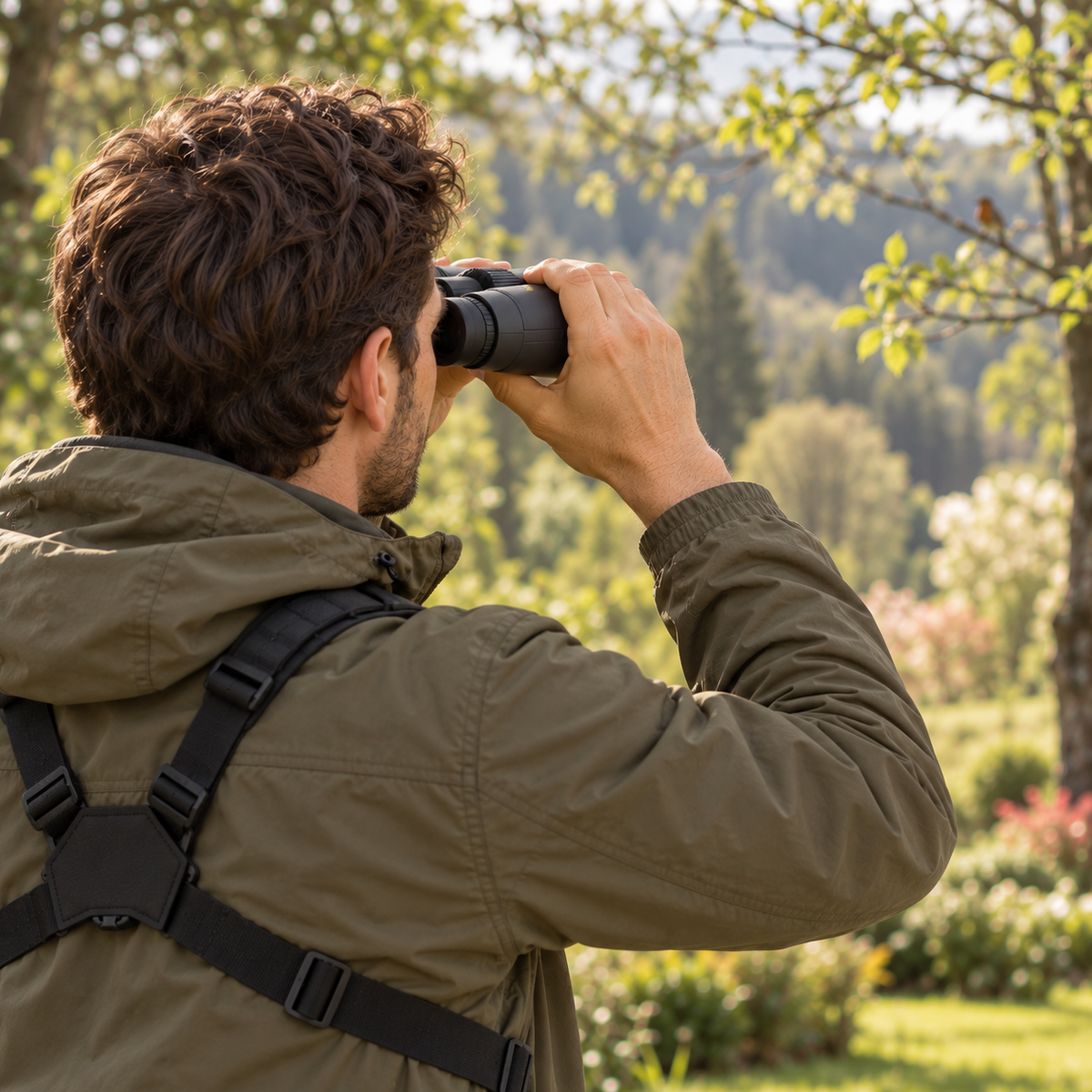 Homme observant un rouge-gorge au loin avec les jumelles 8×32 dans un jardin en lisière de forêt Image